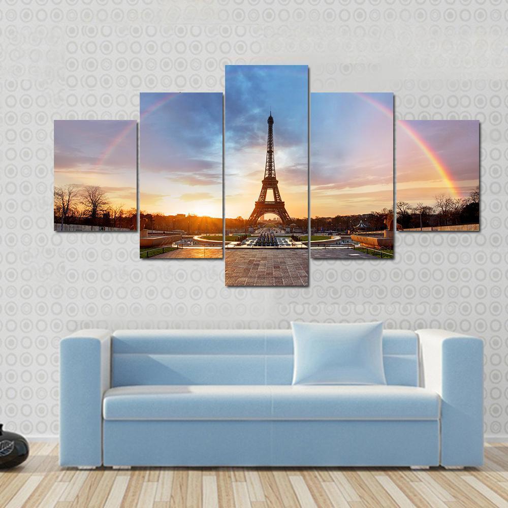 Rainbow Over Eiffel Tower Canvas Wall Art-5 Star-Gallery Wrap-62" x 32"-Tiaracle