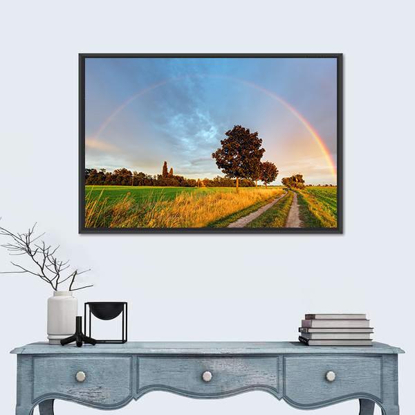 Rainbow Over Field Road Canvas Wall Art-1 Piece-Floating Frame-24" x 16"-Tiaracle