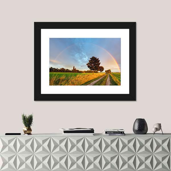 Rainbow Over Field Road Canvas Wall Art-1 Piece-Framed Print-20" x 16"-Tiaracle