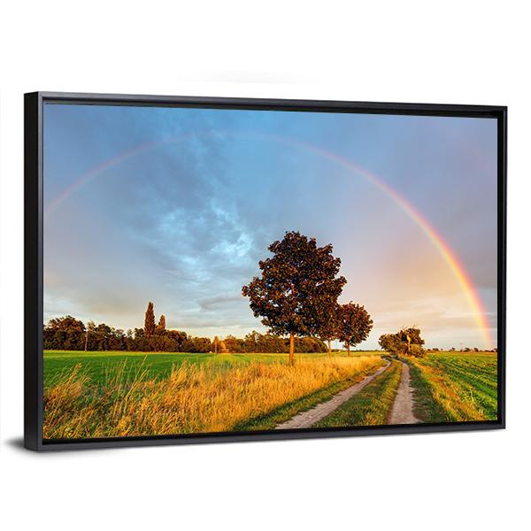 Rainbow Over Field Road Canvas Wall Art-3 Horizontal-Gallery Wrap-25" x 16"-Tiaracle