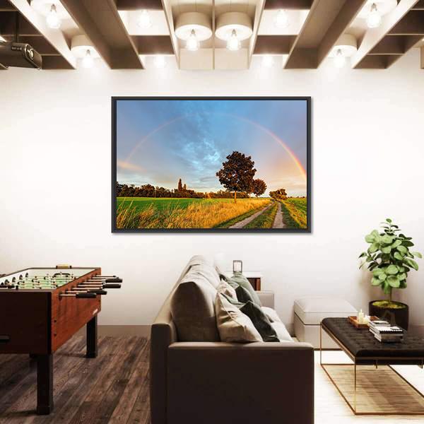 Rainbow Over Field Road Canvas Wall Art-3 Horizontal-Gallery Wrap-25" x 16"-Tiaracle