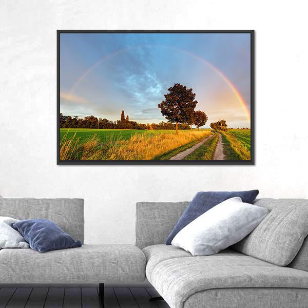 Rainbow Over Field Road Canvas Wall Art-3 Horizontal-Gallery Wrap-25" x 16"-Tiaracle