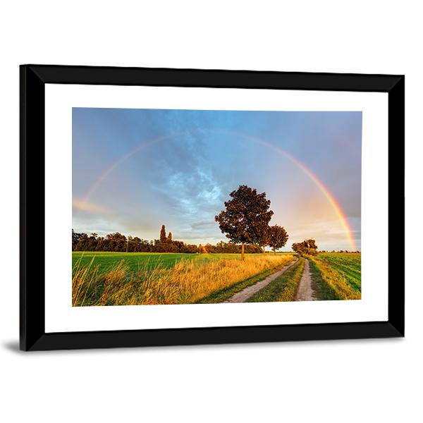 Rainbow Over Field Road Canvas Wall Art-3 Horizontal-Gallery Wrap-25" x 16"-Tiaracle