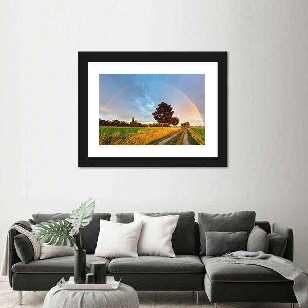 Rainbow Over Field Road Canvas Wall Art-3 Horizontal-Gallery Wrap-25" x 16"-Tiaracle