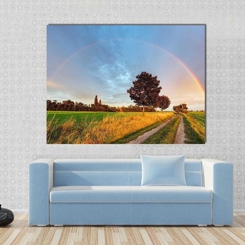 Rainbow Over Field Road Canvas Wall Art-1 Piece-Gallery Wrap-48" x 32"-Tiaracle