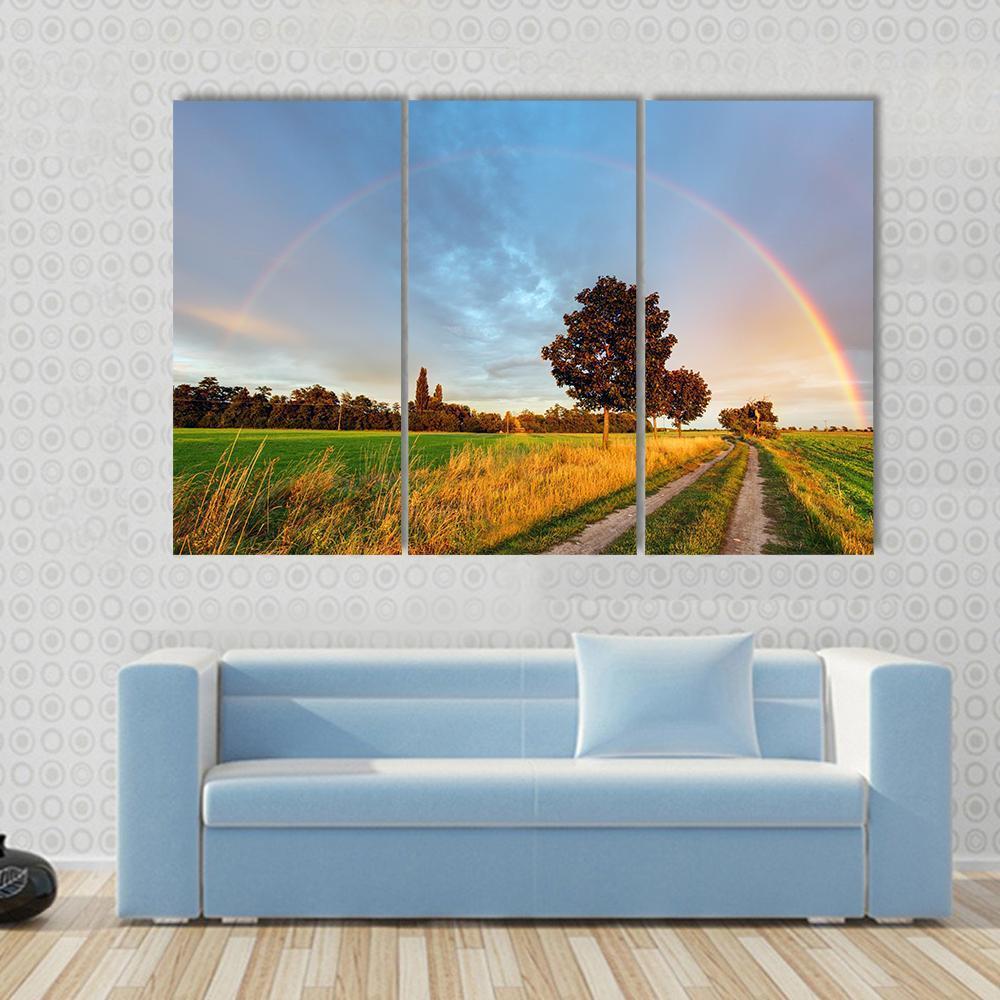 Rainbow Over Field Road Canvas Wall Art-3 Horizontal-Gallery Wrap-37" x 24"-Tiaracle