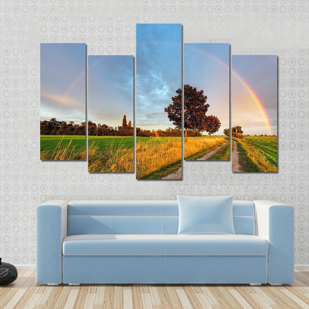 Rainbow Over Field Road Canvas Wall Art-5 Pop-Gallery Wrap-47" x 32"-Tiaracle