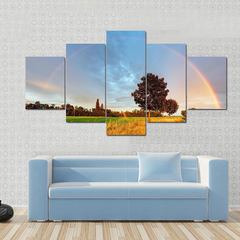 Rainbow Over Field Road Canvas Wall Art-5 Star-Gallery Wrap-62" x 32"-Tiaracle