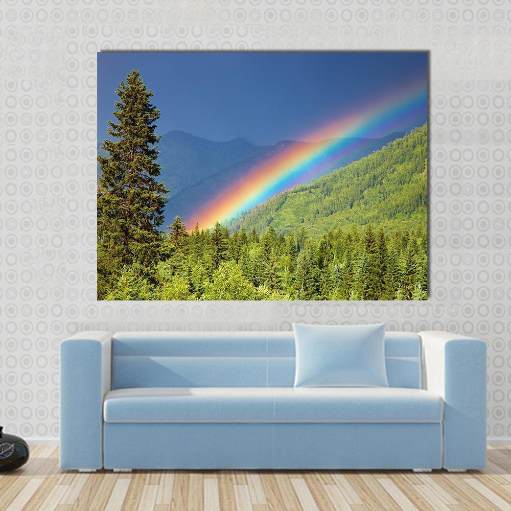 Rainbow Over Forest At Sunset Canvas Wall Art-1 Piece-Gallery Wrap-48" x 32"-Tiaracle