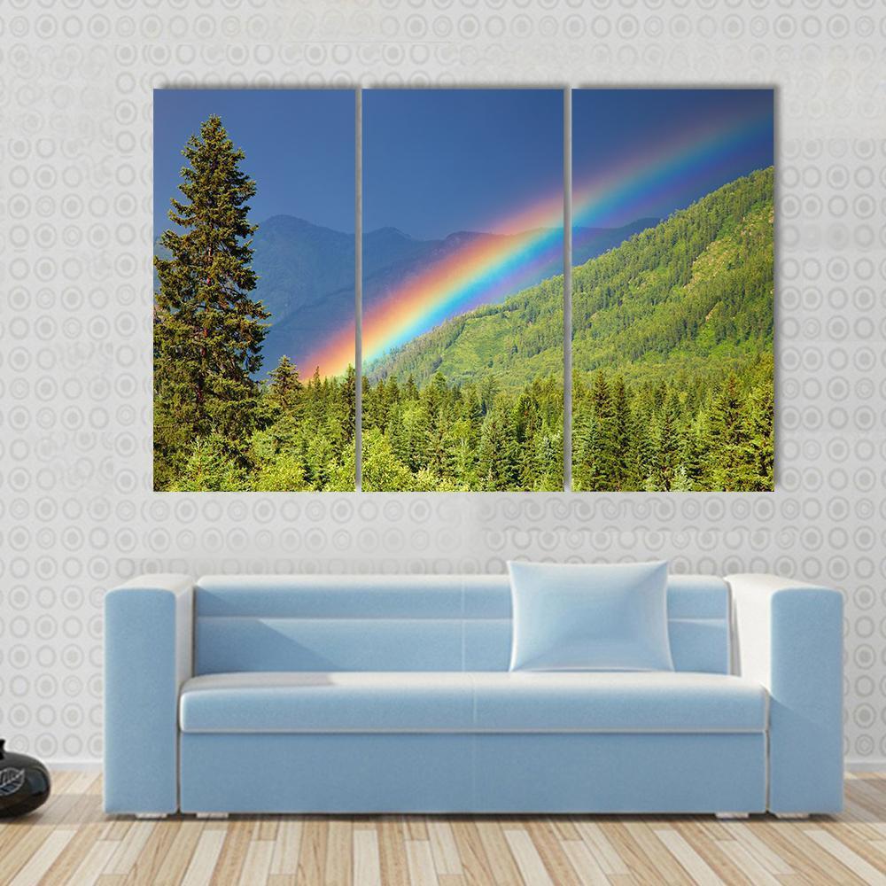 Rainbow Over Forest At Sunset Canvas Wall Art-3 Horizontal-Gallery Wrap-37" x 24"-Tiaracle