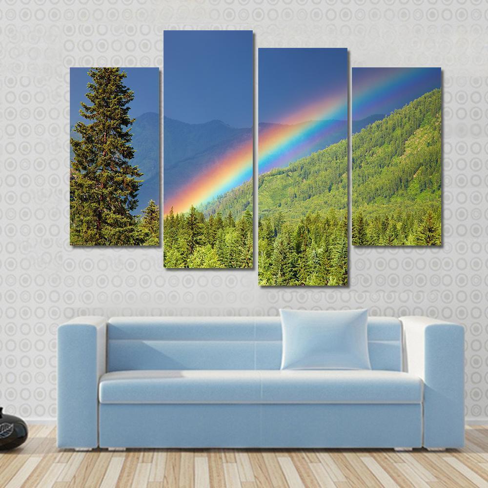 Rainbow Over Forest At Sunset Canvas Wall Art-4 Pop-Gallery Wrap-50" x 32"-Tiaracle