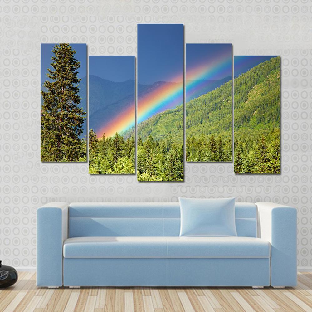 Rainbow Over Forest At Sunset Canvas Wall Art-5 Pop-Gallery Wrap-47" x 32"-Tiaracle