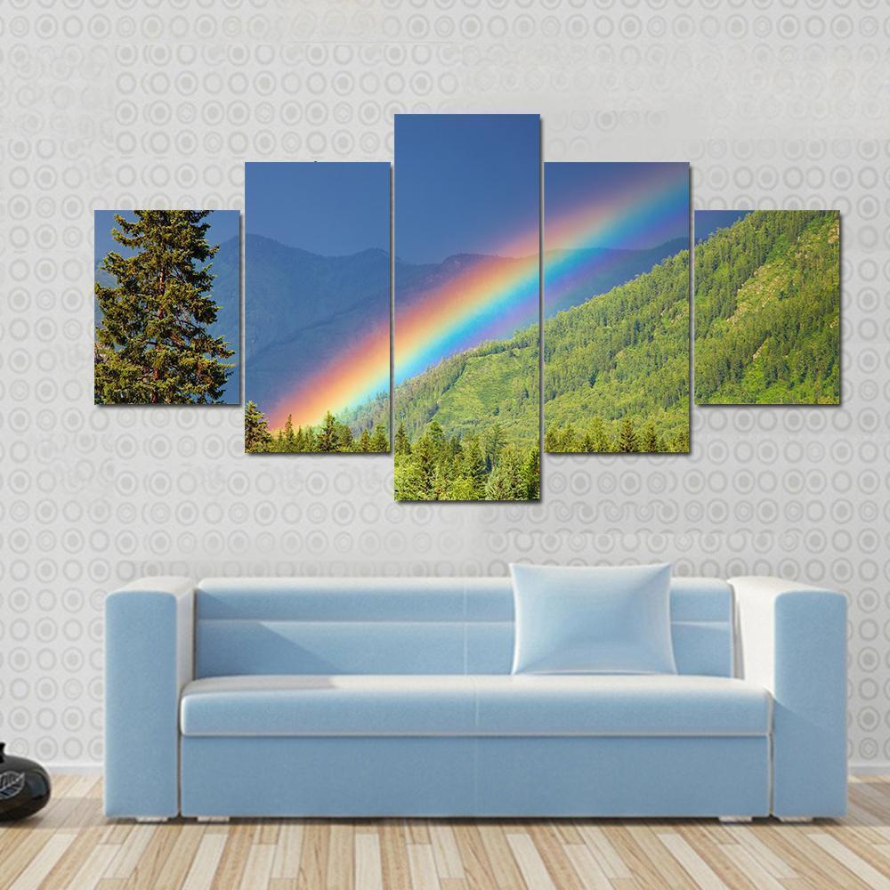 Rainbow Over Forest At Sunset Canvas Wall Art-5 Star-Gallery Wrap-62" x 32"-Tiaracle