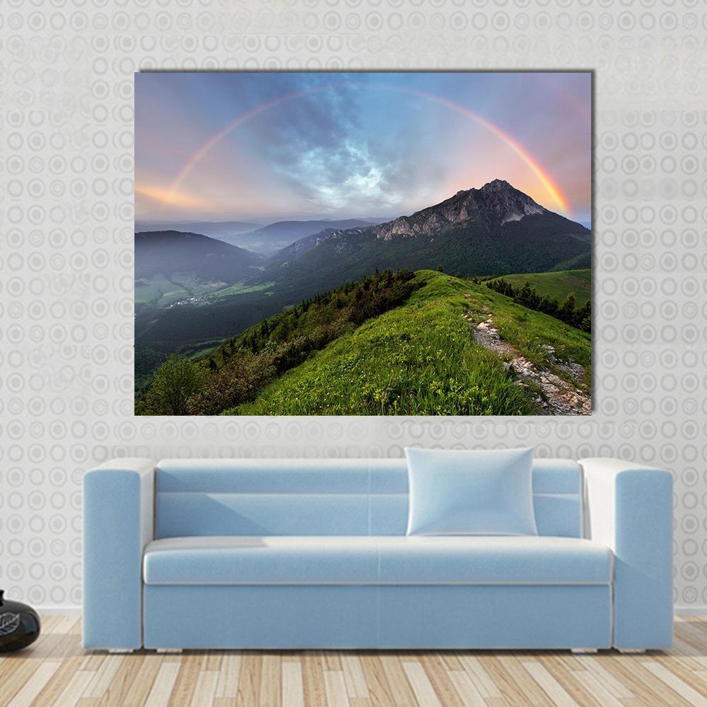 Rainbow Over Mountain Peak Canvas Wall Art-1 Piece-Gallery Wrap-48" x 32"-Tiaracle