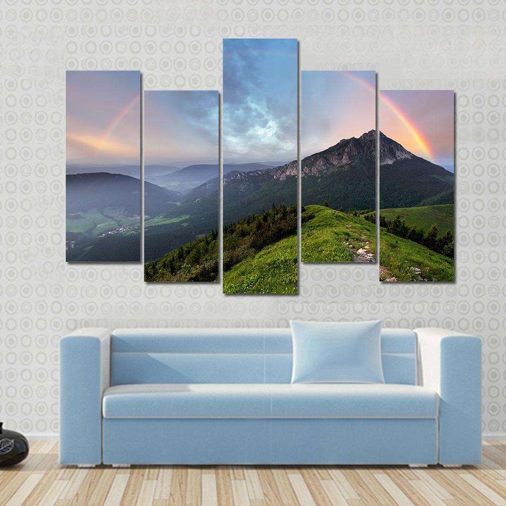 Rainbow Over Mountain Peak Canvas Wall Art-5 Pop-Gallery Wrap-47" x 32"-Tiaracle