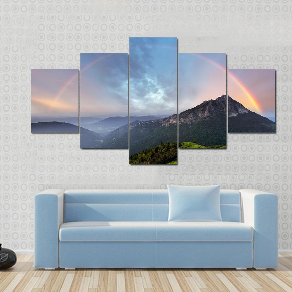 Rainbow Over Mountain Peak Canvas Wall Art-5 Star-Gallery Wrap-62" x 32"-Tiaracle