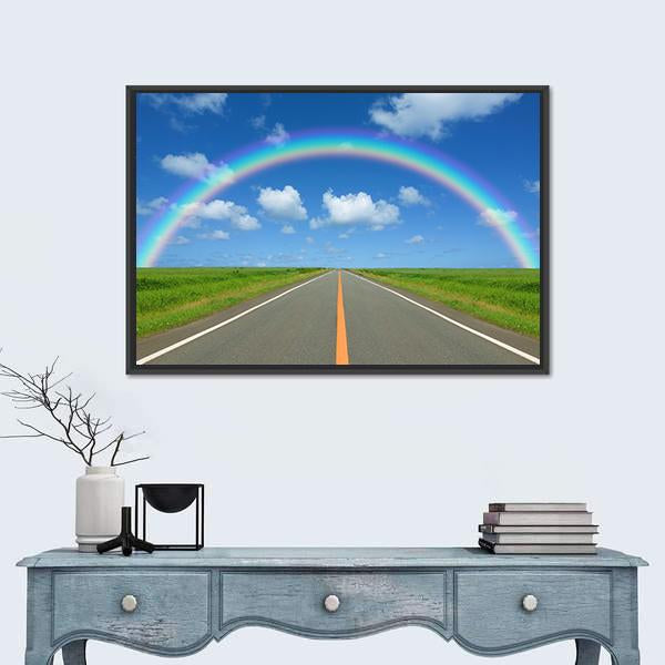 Rainbow Over Straight Road Canvas Wall Art-1 Piece-Floating Frame-24" x 16"-Tiaracle