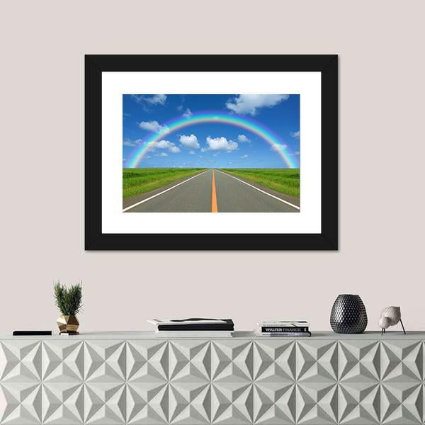 Rainbow Over Straight Road Canvas Wall Art-1 Piece-Framed Print-20" x 16"-Tiaracle