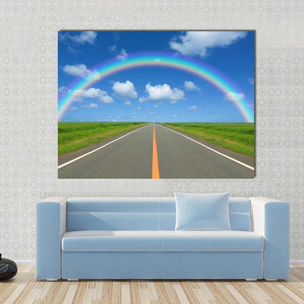 Rainbow Over Straight Road Canvas Wall Art-1 Piece-Gallery Wrap-48" x 32"-Tiaracle