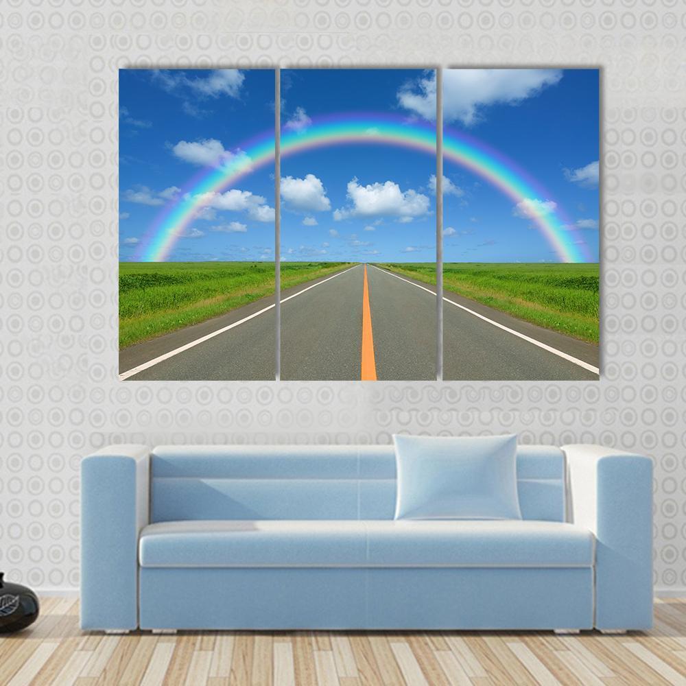 Rainbow Over Straight Road Canvas Wall Art-3 Horizontal-Gallery Wrap-37" x 24"-Tiaracle