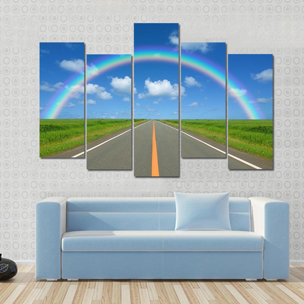 Rainbow Over Straight Road Canvas Wall Art-5 Pop-Gallery Wrap-47" x 32"-Tiaracle