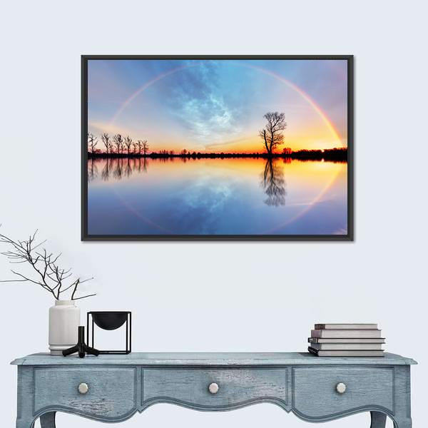 Rainbow Over Trees On Lake Sunrise Canvas Wall Art-1 Piece-Floating Frame-24" x 16"-Tiaracle