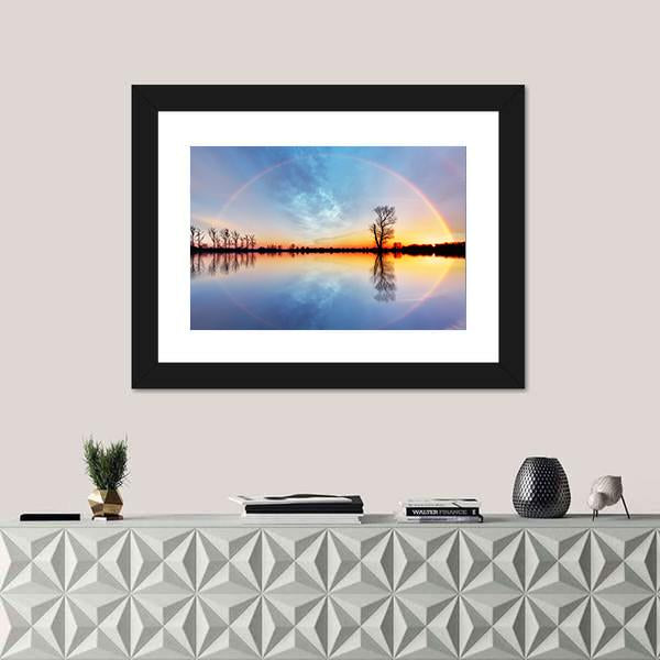 Rainbow Over Trees On Lake Sunrise Canvas Wall Art-1 Piece-Framed Print-20" x 16"-Tiaracle