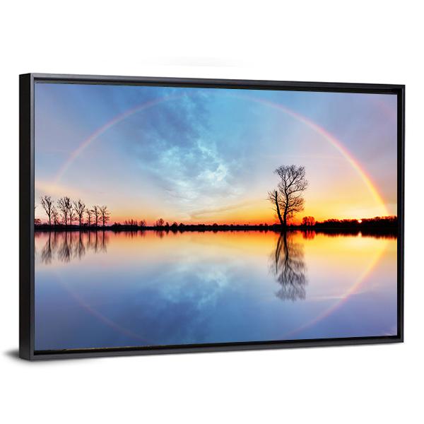 Rainbow Over Trees On Lake Sunrise Canvas Wall Art-3 Horizontal-Gallery Wrap-25" x 16"-Tiaracle