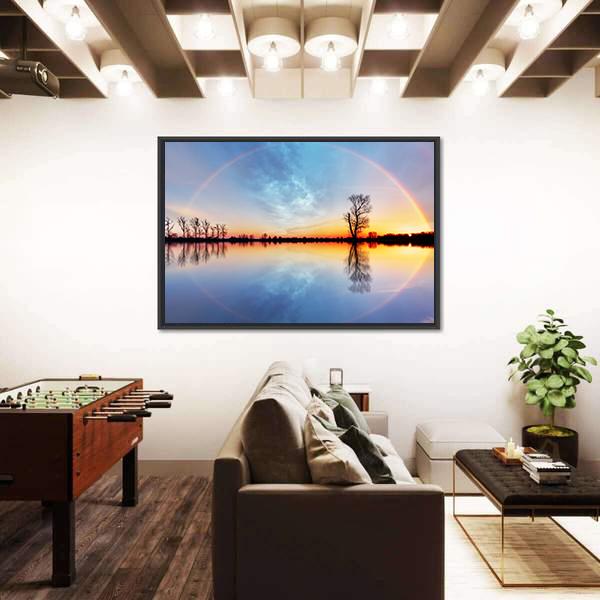 Rainbow Over Trees On Lake Sunrise Canvas Wall Art-3 Horizontal-Gallery Wrap-25" x 16"-Tiaracle