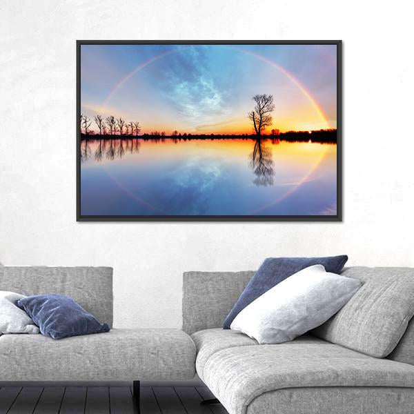 Rainbow Over Trees On Lake Sunrise Canvas Wall Art-3 Horizontal-Gallery Wrap-25" x 16"-Tiaracle