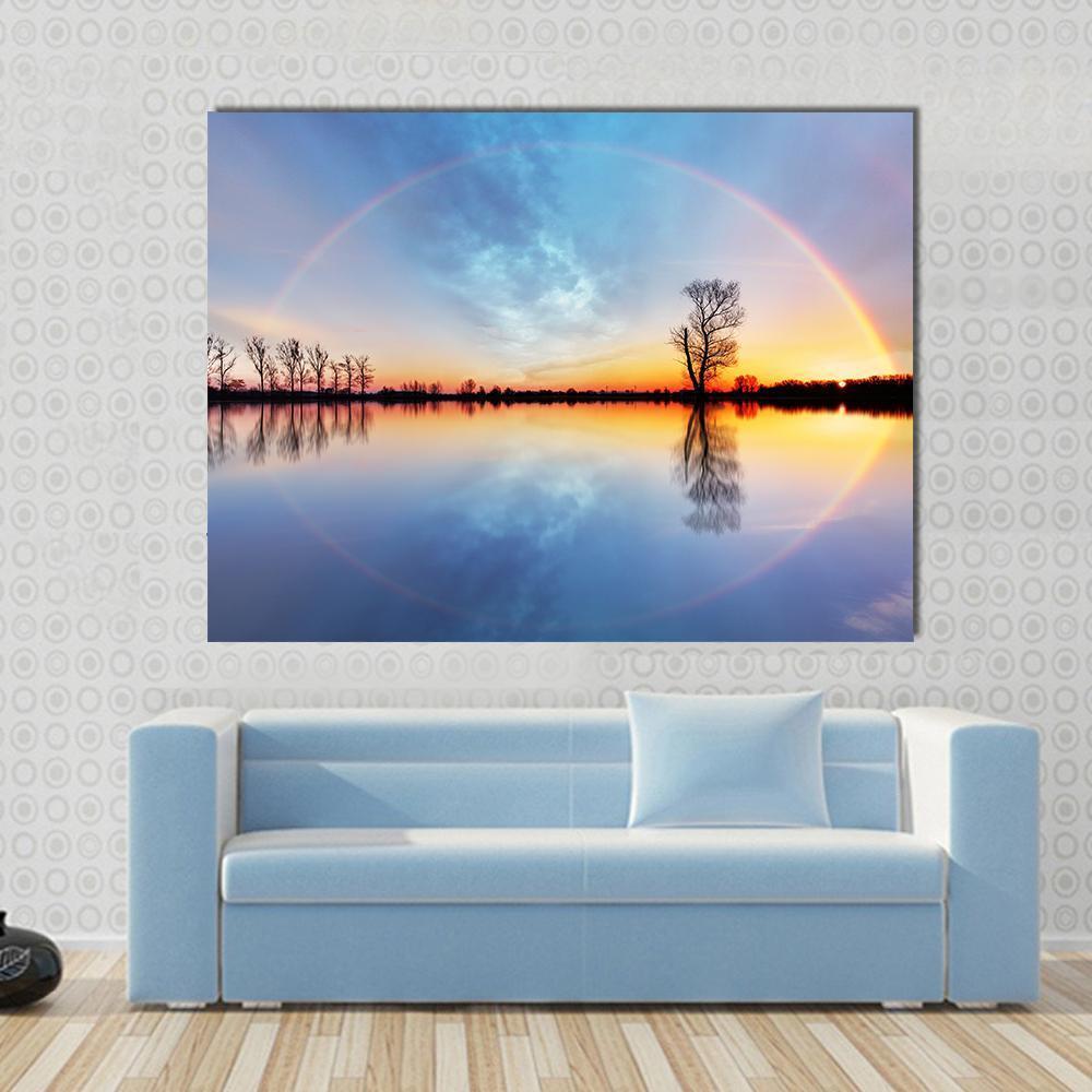 Rainbow Over Trees On Lake Sunrise Canvas Wall Art-1 Piece-Gallery Wrap-48" x 32"-Tiaracle