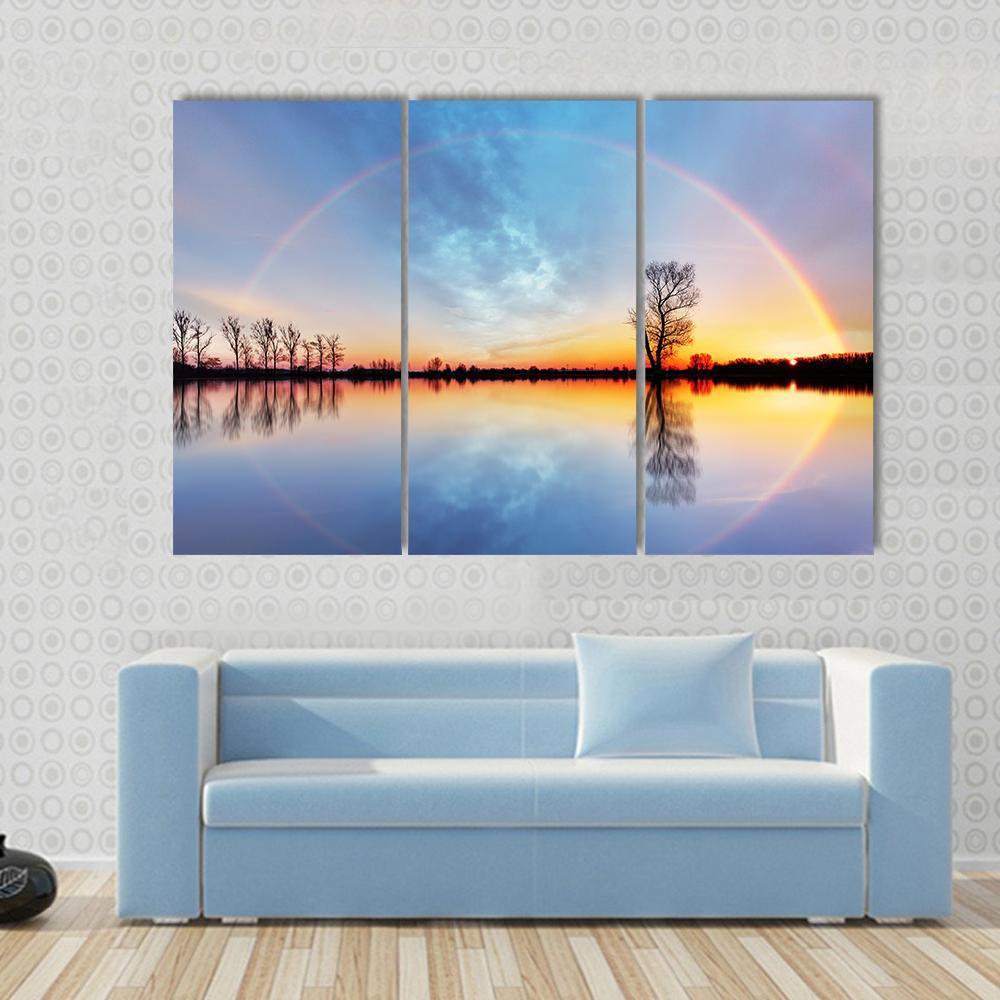 Rainbow Over Trees On Lake Sunrise Canvas Wall Art-3 Horizontal-Gallery Wrap-37" x 24"-Tiaracle