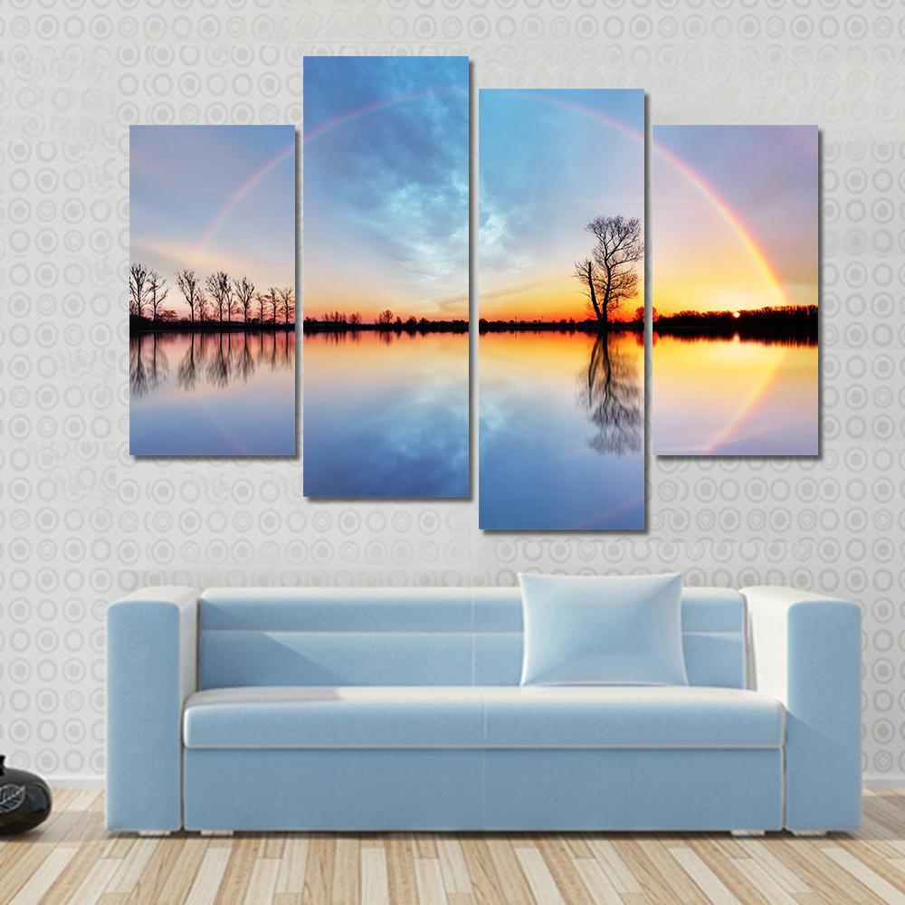 Rainbow Over Trees On Lake Sunrise Canvas Wall Art-4 Pop-Gallery Wrap-50" x 32"-Tiaracle