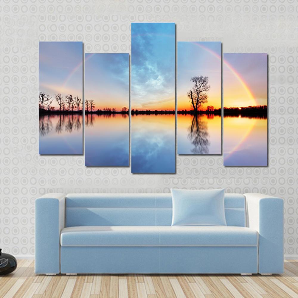 Rainbow Over Trees On Lake Sunrise Canvas Wall Art-5 Pop-Gallery Wrap-47" x 32"-Tiaracle