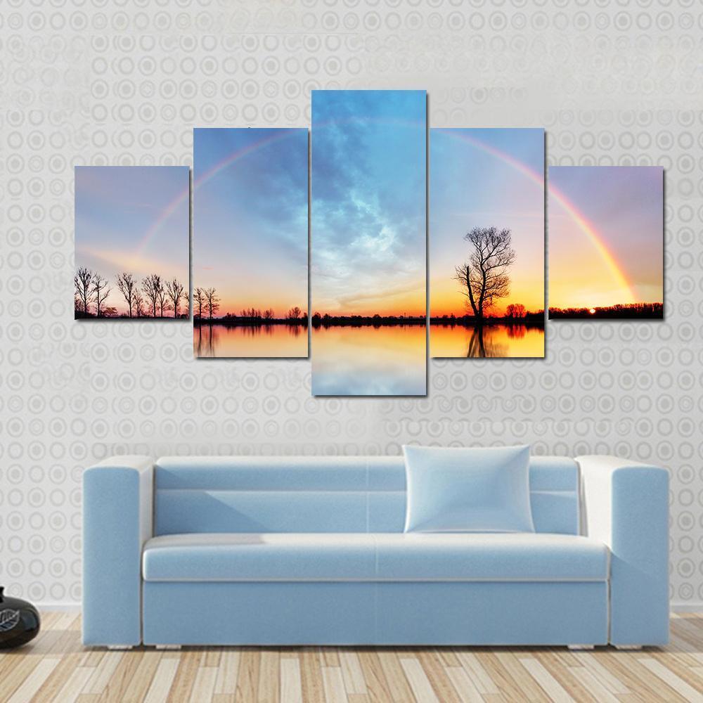 Rainbow Over Trees On Lake Sunrise Canvas Wall Art-5 Star-Gallery Wrap-62" x 32"-Tiaracle