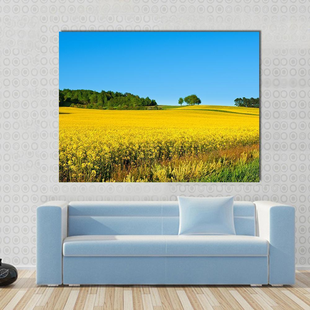 Rapeseed Field with Forest Canvas Wall Art-1 Piece-Gallery Wrap-48" x 32"-Tiaracle