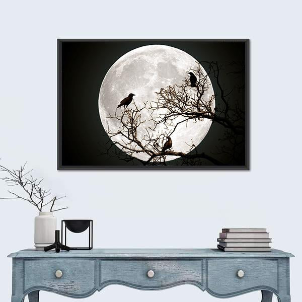 Ravens sitting On A Tree Shined With The Full Moon Canvas Wall Art-1 Piece-Floating Frame-24" x 16"-Tiaracle