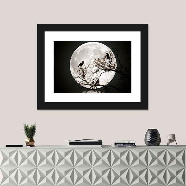 Ravens sitting On A Tree Shined With The Full Moon Canvas Wall Art-1 Piece-Framed Print-20" x 16"-Tiaracle