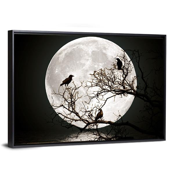 Ravens sitting On A Tree Shined With The Full Moon Canvas Wall Art-3 Horizontal-Gallery Wrap-25" x 16"-Tiaracle