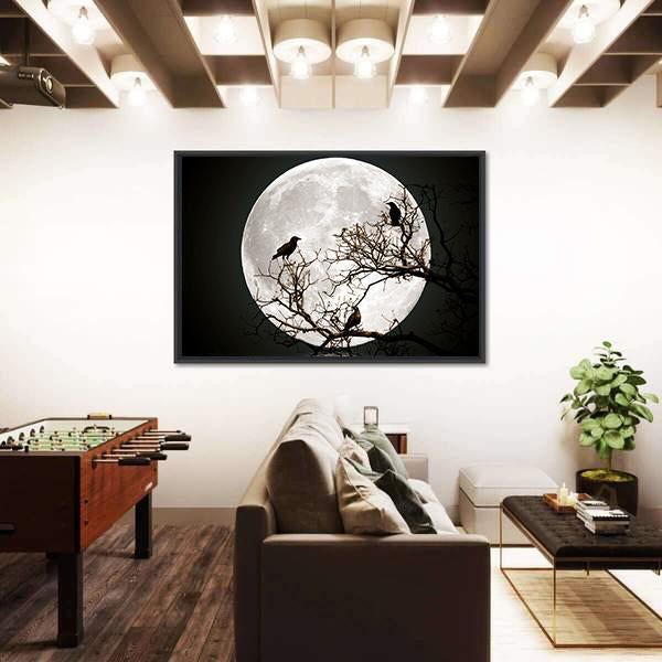 Ravens sitting On A Tree Shined With The Full Moon Canvas Wall Art-3 Horizontal-Gallery Wrap-25" x 16"-Tiaracle