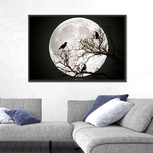 Ravens sitting On A Tree Shined With The Full Moon Canvas Wall Art-3 Horizontal-Gallery Wrap-25" x 16"-Tiaracle