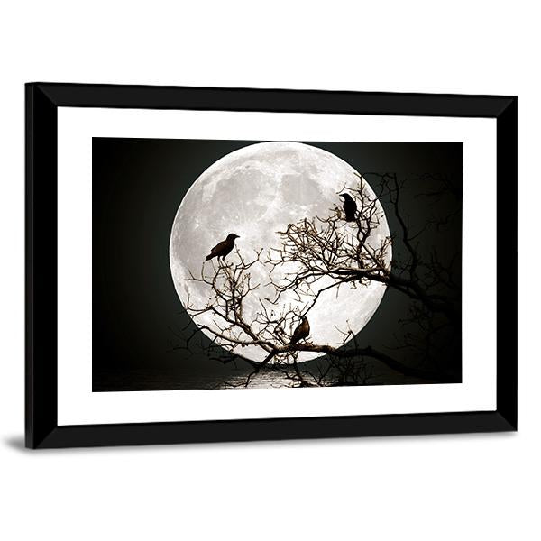 Ravens sitting On A Tree Shined With The Full Moon Canvas Wall Art-3 Horizontal-Gallery Wrap-25" x 16"-Tiaracle