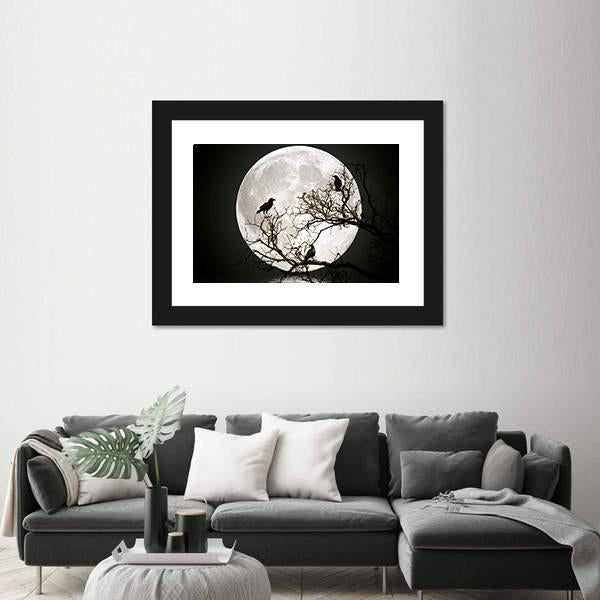 Ravens sitting On A Tree Shined With The Full Moon Canvas Wall Art-3 Horizontal-Gallery Wrap-25" x 16"-Tiaracle