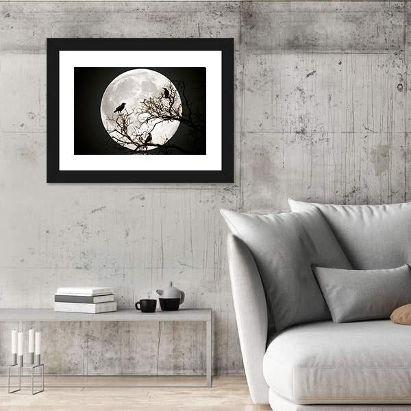 Ravens sitting On A Tree Shined With The Full Moon Canvas Wall Art-3 Horizontal-Gallery Wrap-25" x 16"-Tiaracle