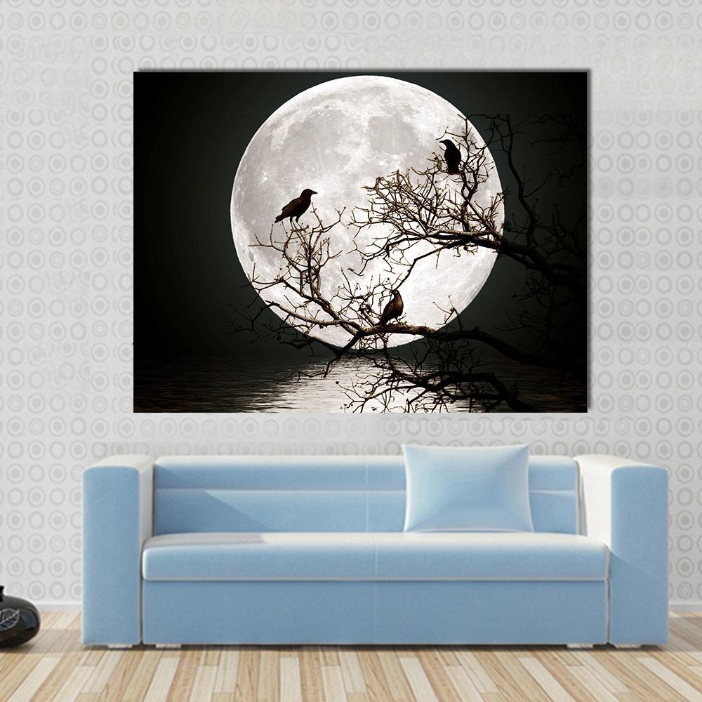 Ravens sitting On A Tree Shined With The Full Moon Canvas Wall Art-1 Piece-Gallery Wrap-48" x 32"-Tiaracle