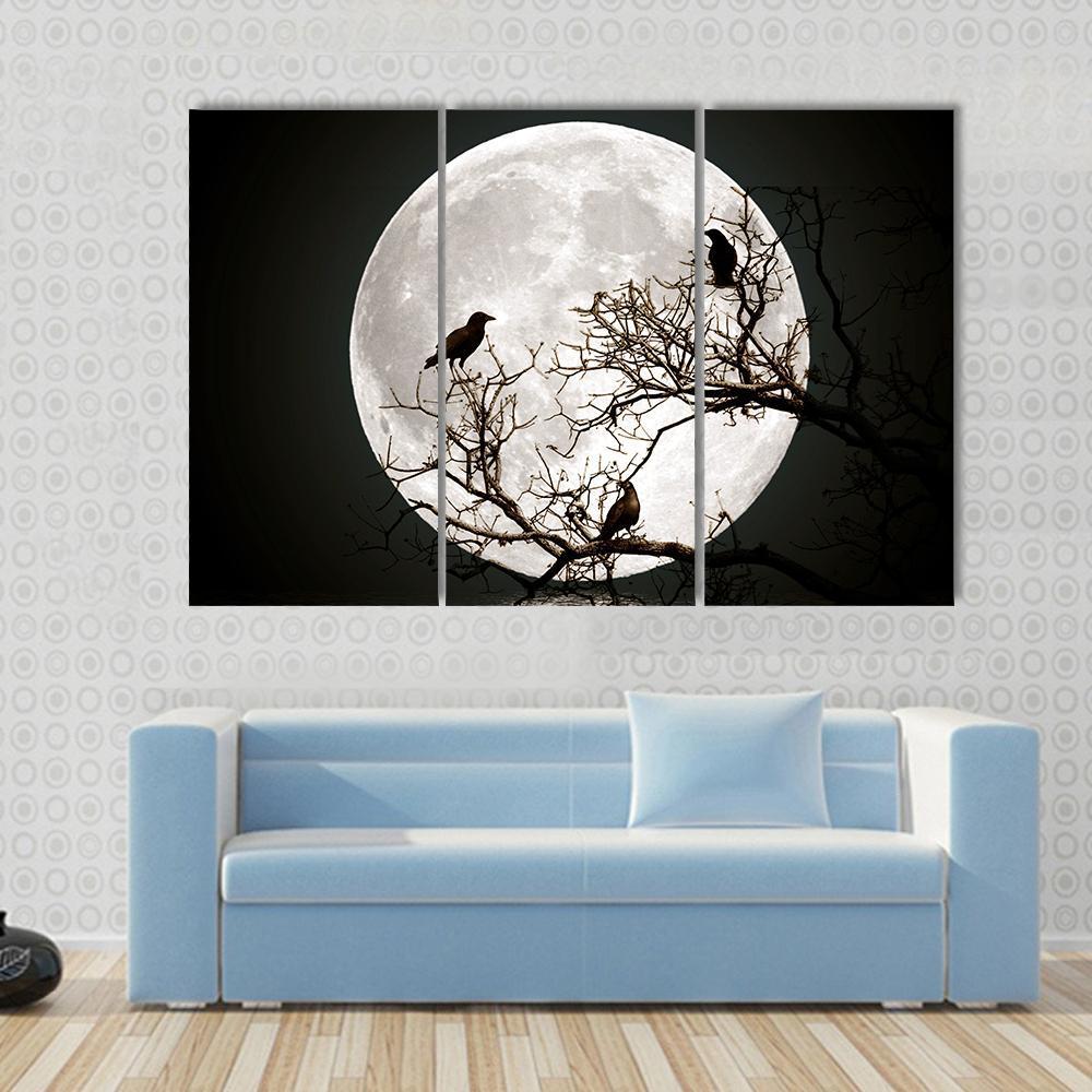 Ravens sitting On A Tree Shined With The Full Moon Canvas Wall Art-3 Horizontal-Gallery Wrap-37" x 24"-Tiaracle