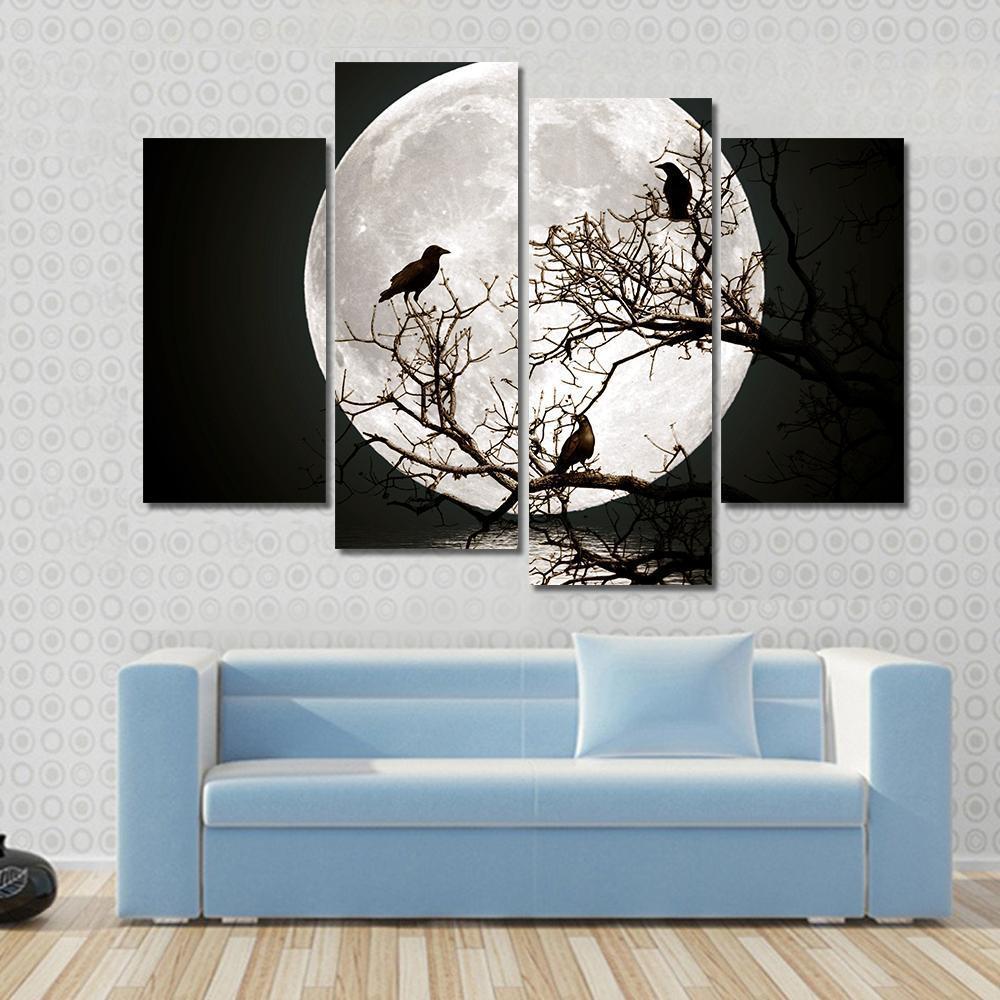 Ravens sitting On A Tree Shined With The Full Moon Canvas Wall Art-4 Pop-Gallery Wrap-50" x 32"-Tiaracle