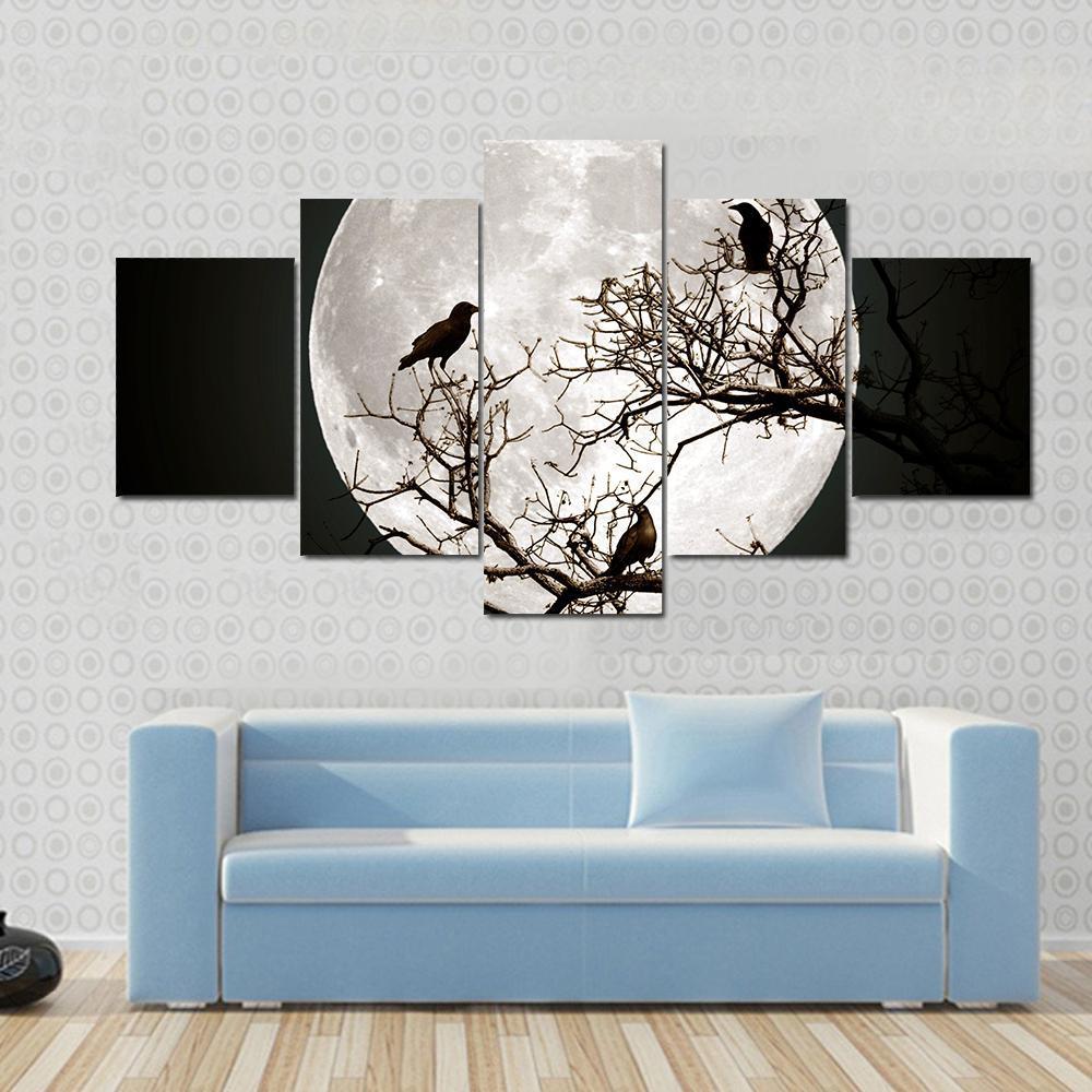 Ravens sitting On A Tree Shined With The Full Moon Canvas Wall Art-5 Star-Gallery Wrap-62" x 32"-Tiaracle