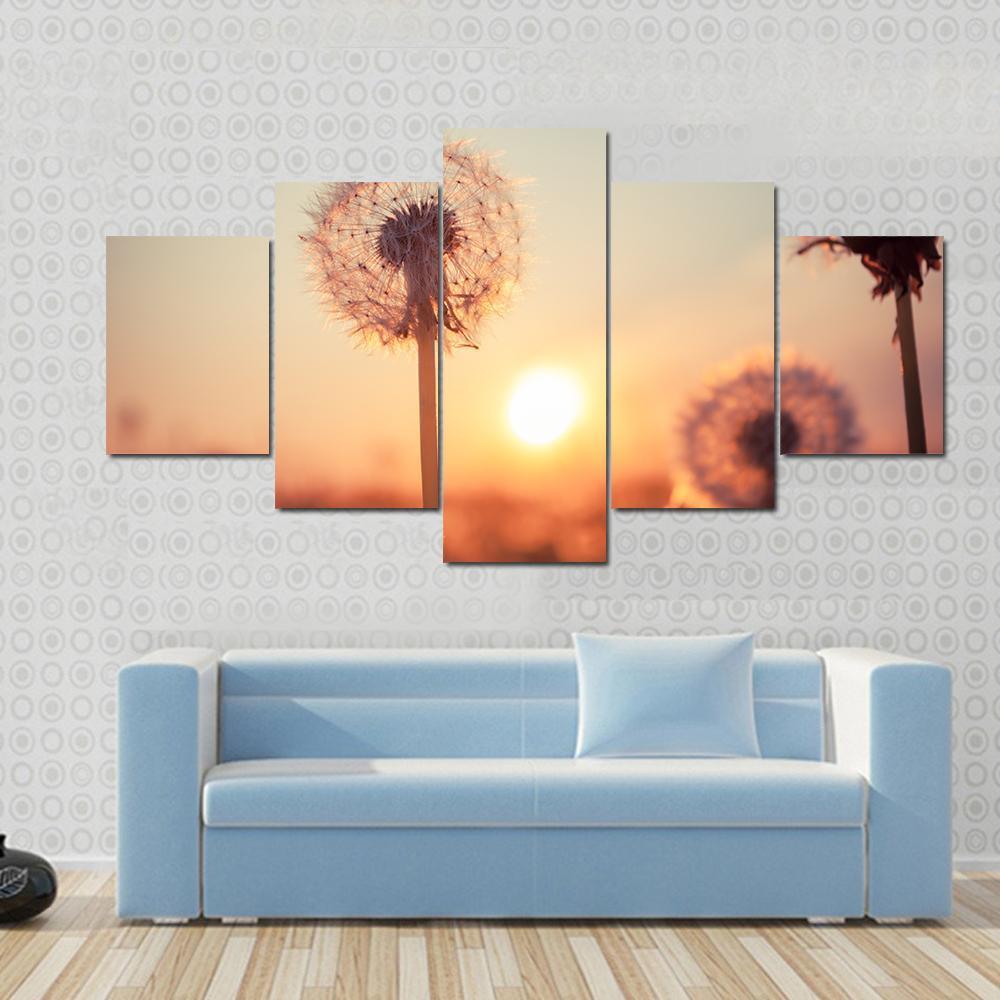 Real Field And Dandelion At Summer Sunset Canvas Wall Art-5 Star-Gallery Wrap-62" x 32"-Tiaracle