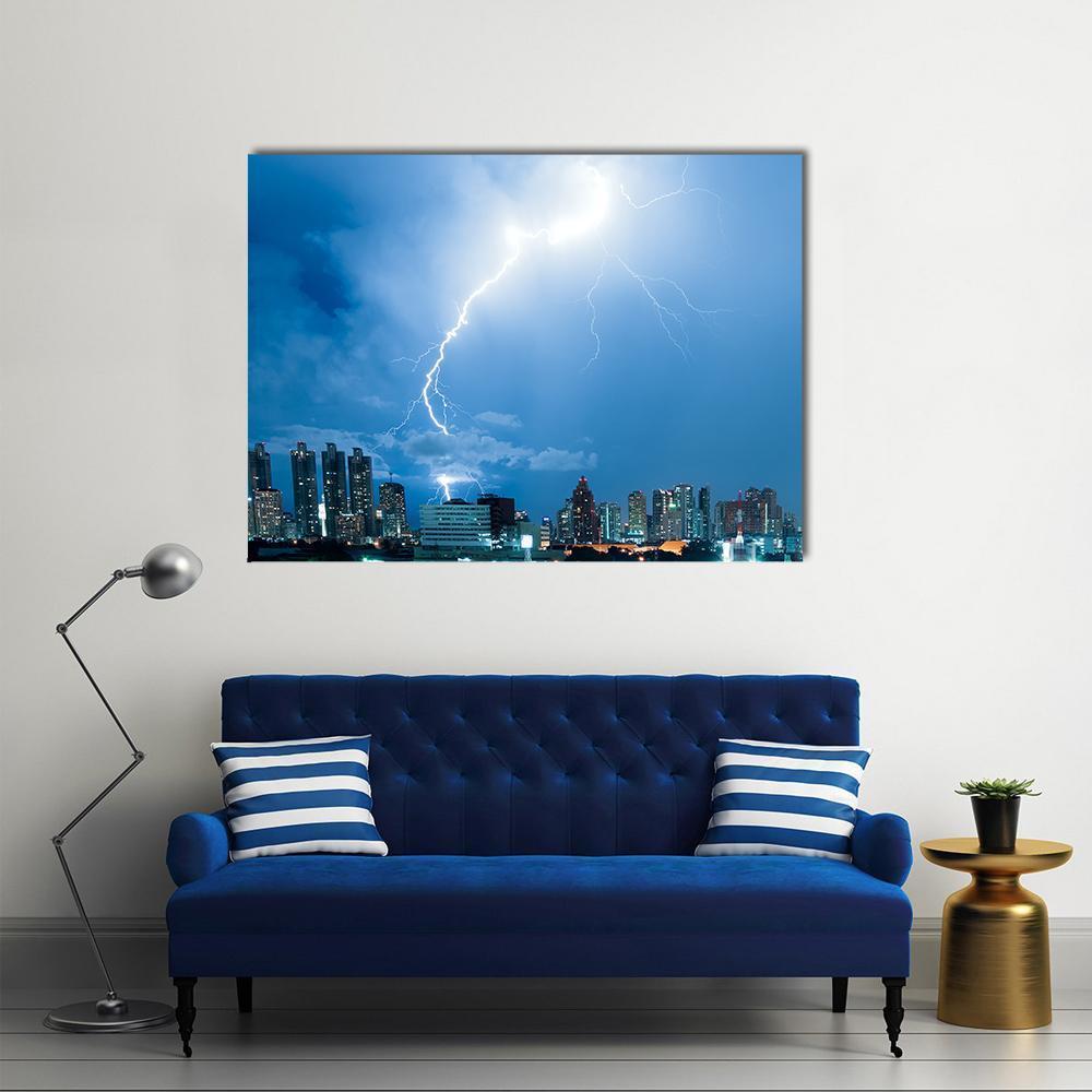 Real Lightning Bolt Strike In A City Canvas Wall Art-1 Piece-Gallery Wrap-48" x 32"-Tiaracle